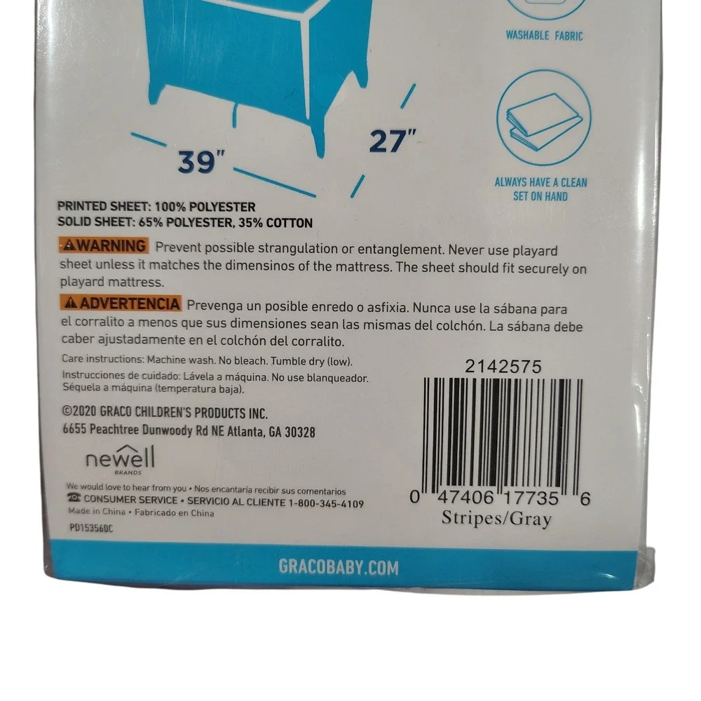 NEW Graco Pack‎ N Play Playard Fitted Sheets 2 Pack Stripes Gray Neutral 39